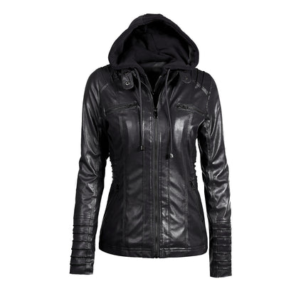 Detachable hooded women's leather Jacket