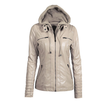 Detachable hooded women's leather Jacket