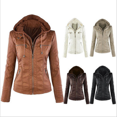 Detachable hooded women's leather Jacket