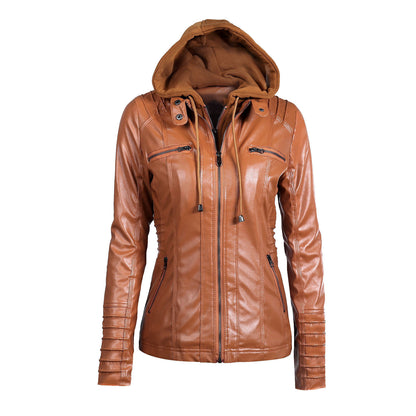 Detachable hooded women's leather Jacket