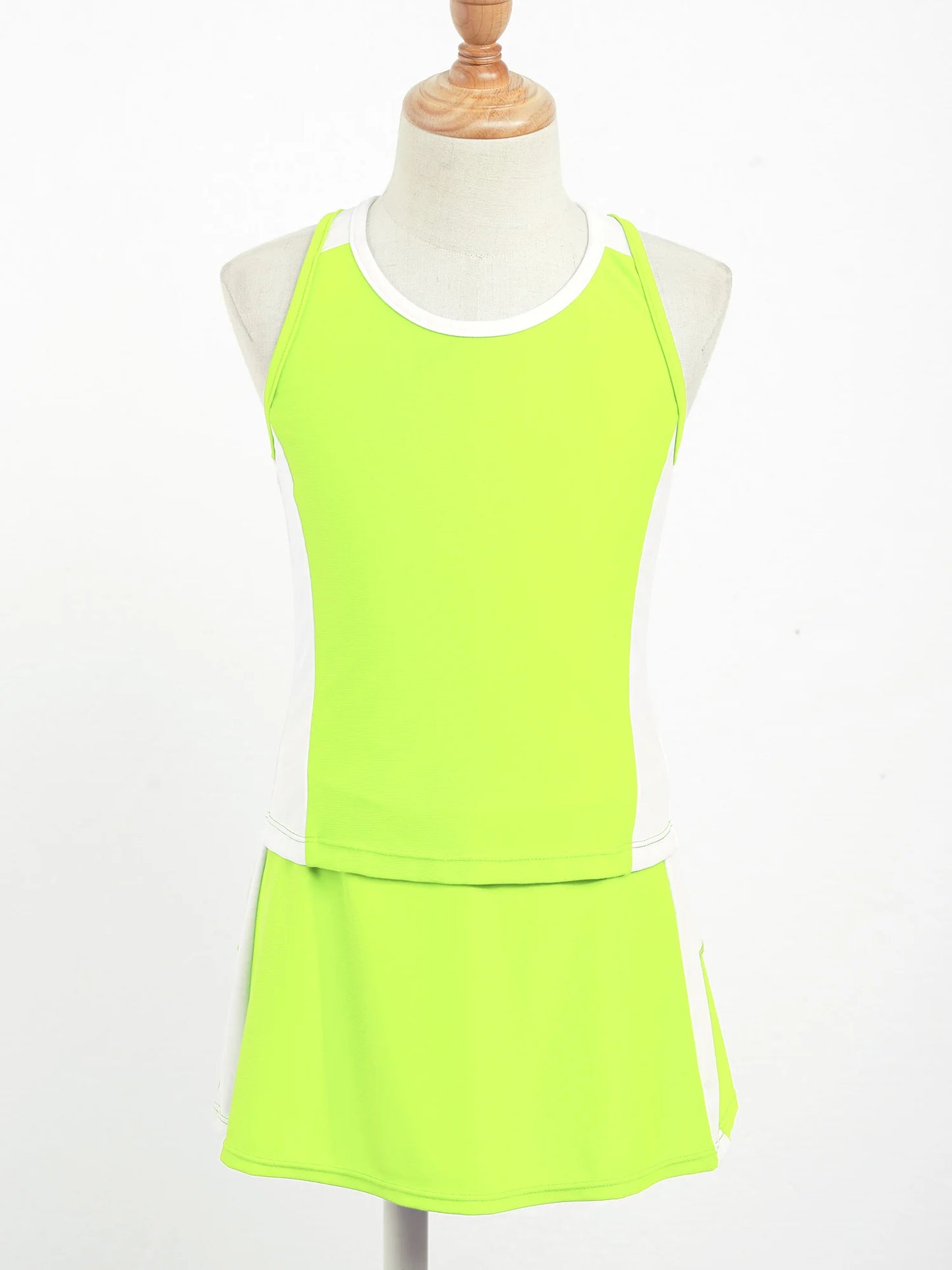 Kids Girls Sports Set Colorblock Sleeveless Fluorescent Green Sportswear for Tennis Gym