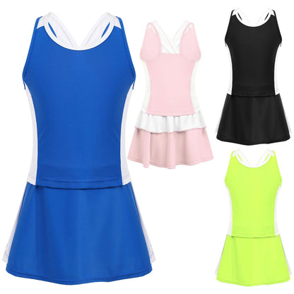 Kids Girls Sports Set Colorblock Sleeveless Fluorescent Green Sportswear for Tennis Gym