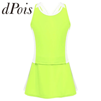 Kids Girls Sports Set Colorblock Sleeveless Fluorescent Green Sportswear for Tennis Gym