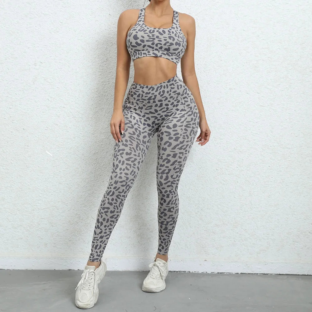 Cloud Hide Women Leopard Yoga Set Workout Sports Wear Sexy Girl Gym