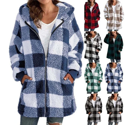 Women's Polar Fleece Long Sleeve Coat Fashion Plaid Casual with Loose Pocket Zipper