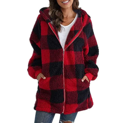 Women's Polar Fleece Long Sleeve Coat Fashion Plaid Casual with Loose Pocket Zipper