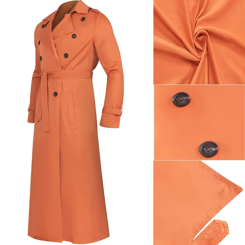 Men's Long Trench Coat Solid Color Long Sleeve