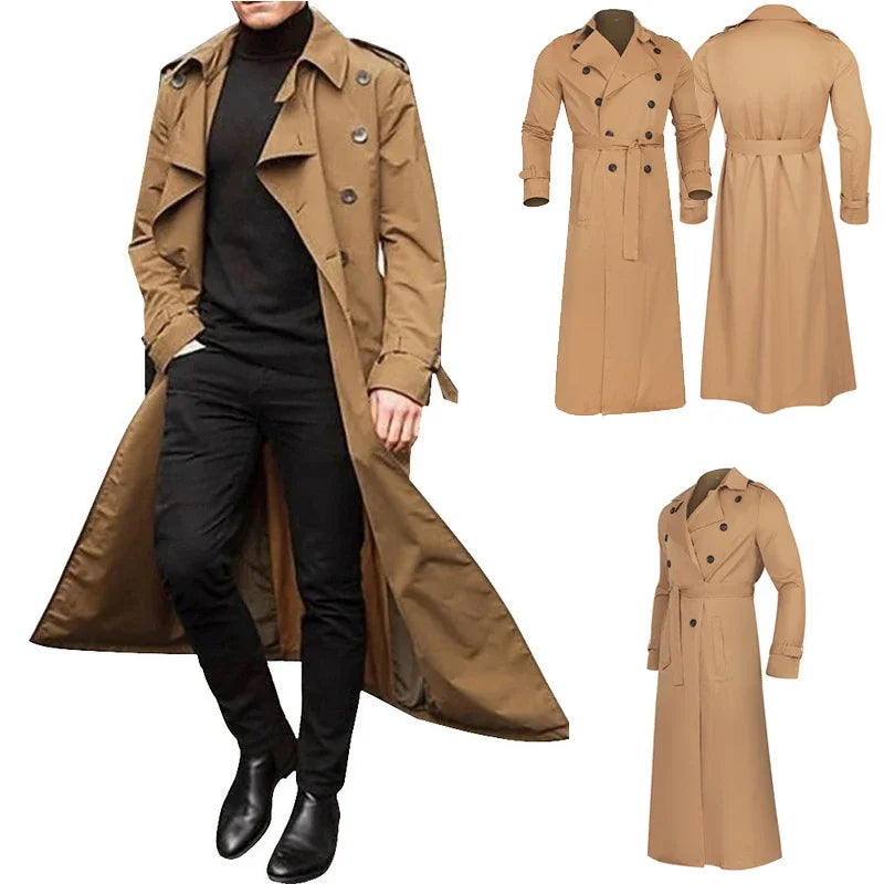 Men's Long Trench Coat Solid Color Long Sleeve