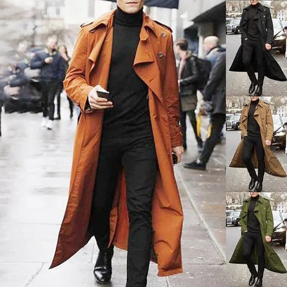 Men's Long Trench Coat Solid Color Long Sleeve