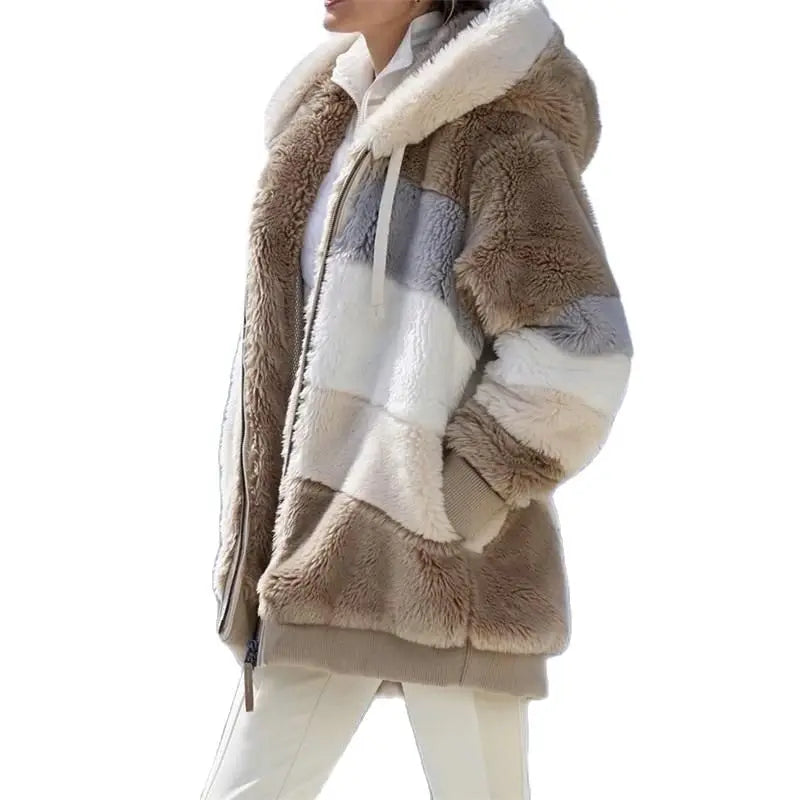 Autumn and winter women's coat fashion plush warm jacket women's hood zipper panel outdoor casual women's S-5XL Plus