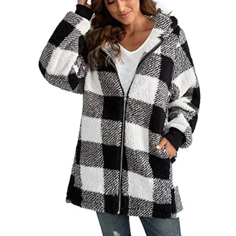 Women's Polar Fleece Long Sleeve Coat Fashion Plaid Casual with Loose Pocket Zipper