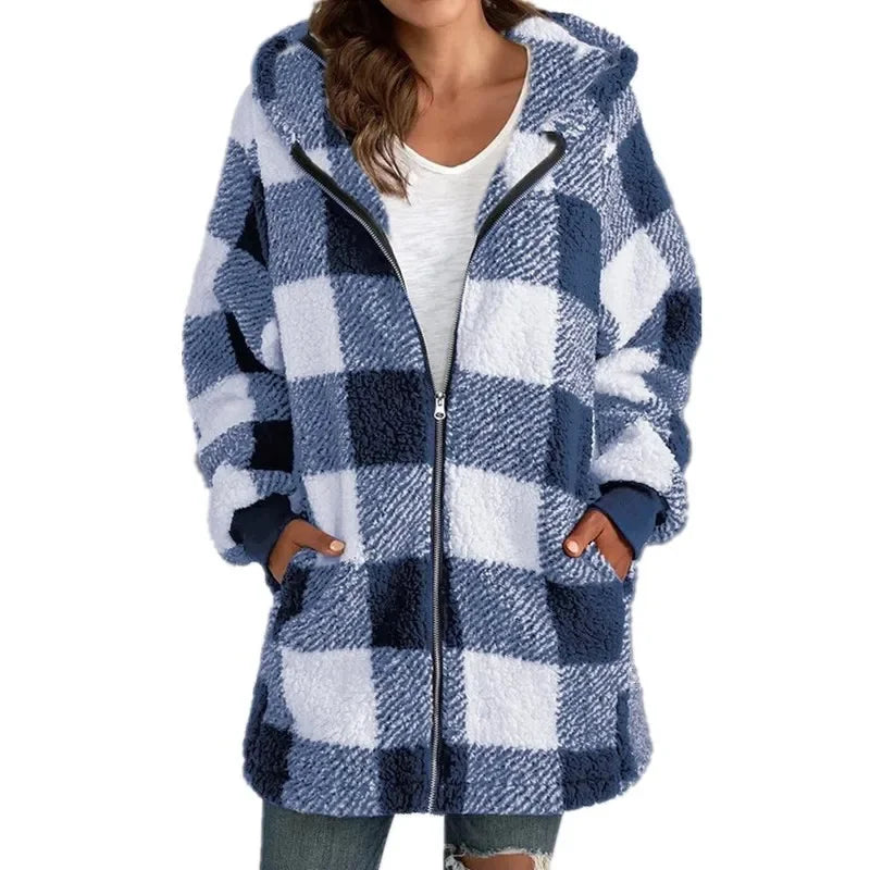 Women's Polar Fleece Long Sleeve Coat Fashion Plaid Casual with Loose Pocket Zipper