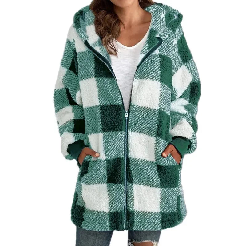 Women's Polar Fleece Long Sleeve Coat Fashion Plaid Casual with Loose Pocket Zipper