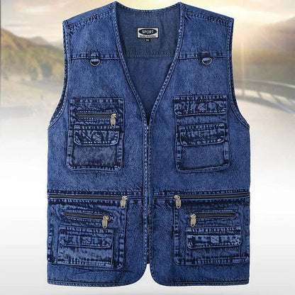 Men's Denim Vest Jacket Dark Blue Black Sleeveless Truck Driver Cyclist